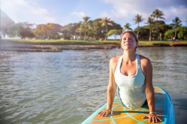 Sunny morning work out a pretty young woman in SUP Yoga practice clipart