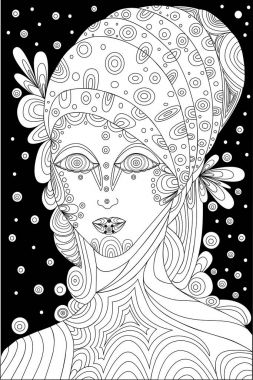 Vektör, siyah ve beyaz, shaman kız, sayfa boyama
