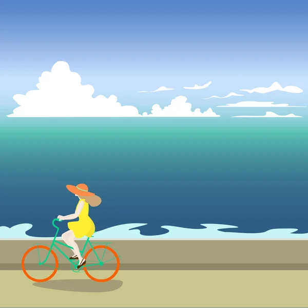 Ένα κορίτσι σε ένα ποδήλατο βόλτες κατά μήκος της ακτής της θάλασσας — Διανυσματικό Αρχείο