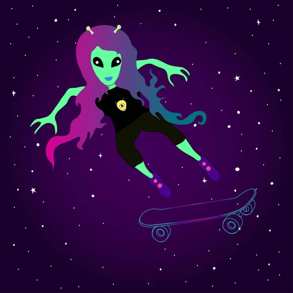 Fantásticos patines de chica alienígena en un monopatín sobre el fondo del espacio — Archivo Imágenes Vectoriales