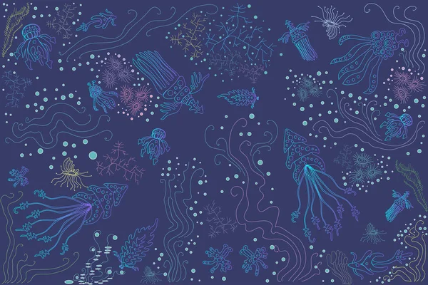 Bela ilustração brilhante de criaturas fantásticas do oceano — Vetor de Stock