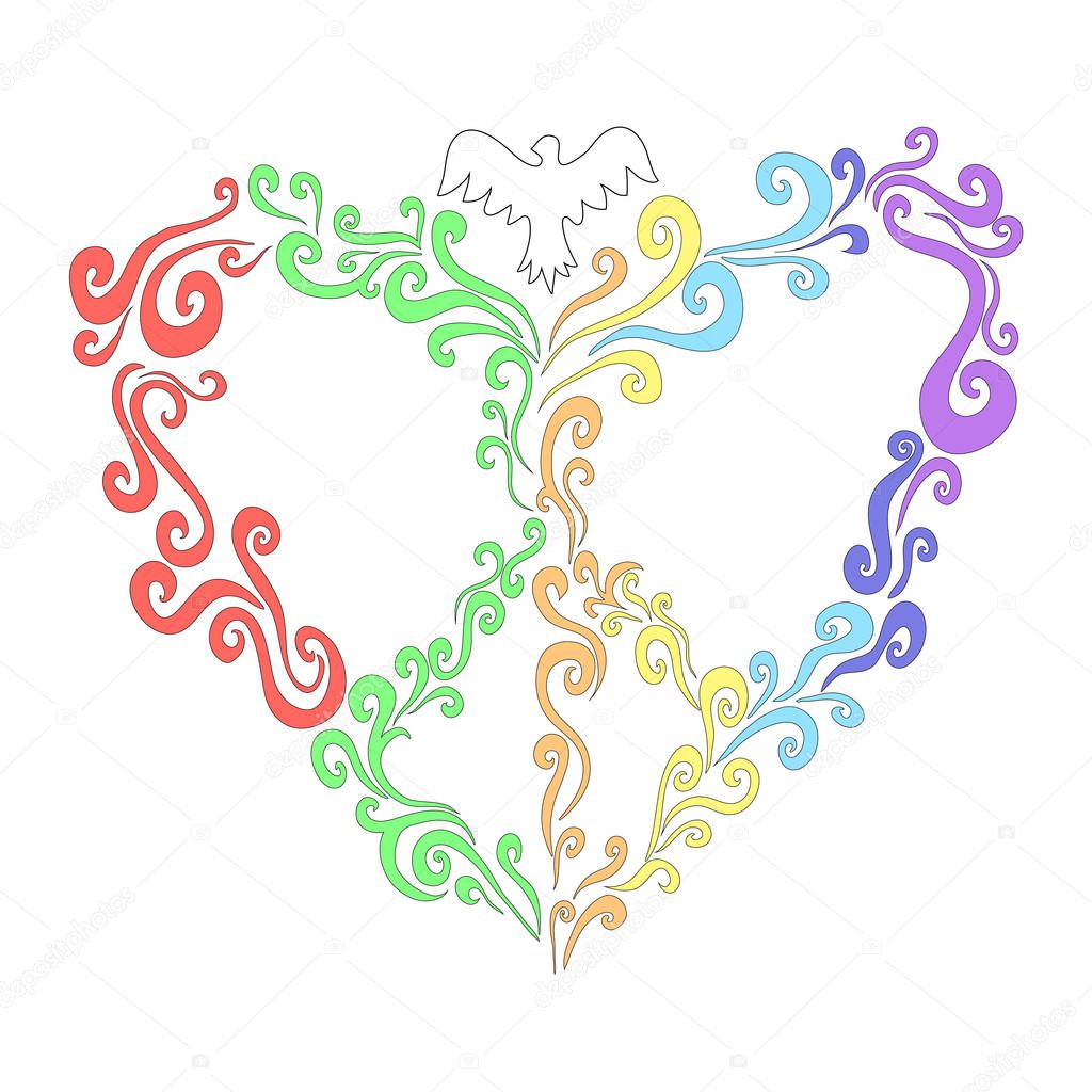 Pastel rainbow heart of twisted lines with pigeons
