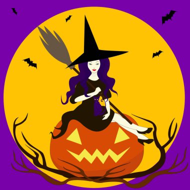 Güzel büyücü izole kabak üzerinde oturur