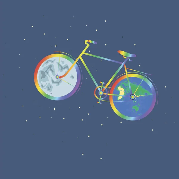 Радужный велосипед одна колесная планета Земля другое колесо луна . — стоковый вектор