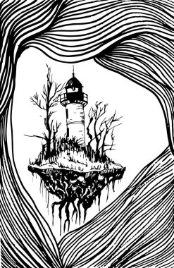 İzole gerçeküstü manzara, siyah beyaz deniz feneri. 