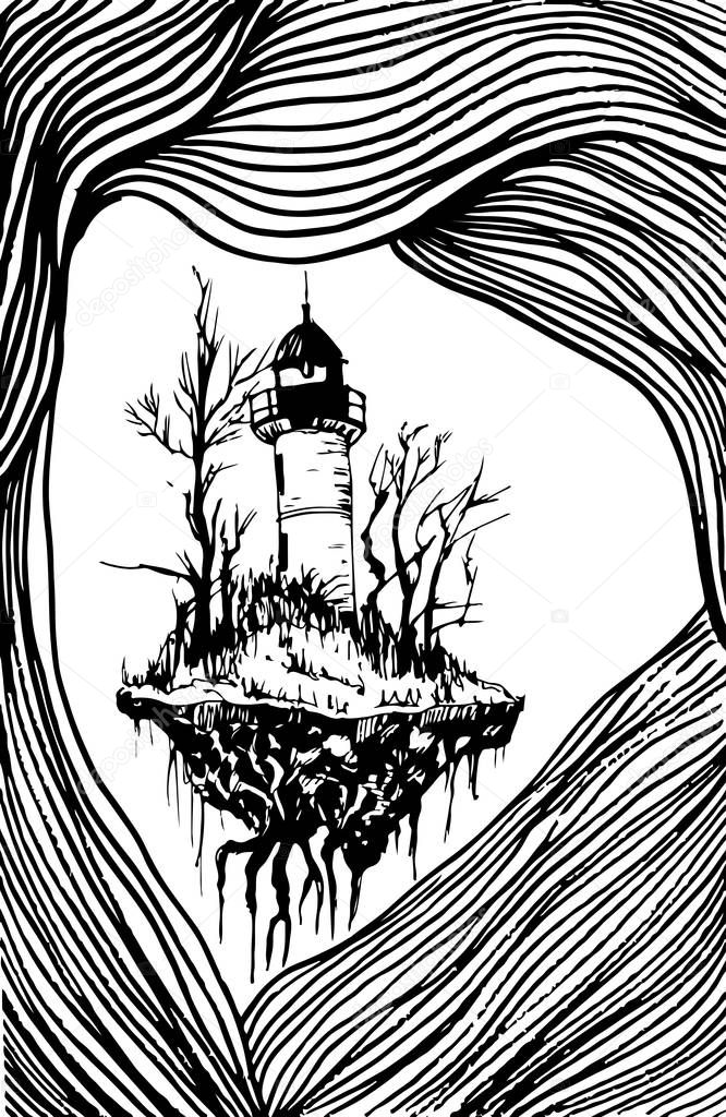 Surrealistic landscape, black white lighthouse, isolated. Vector hand drawn illustration, lighthouse surrounded by lines.Color page for adults and children. Book, textile, print, poster, design, card