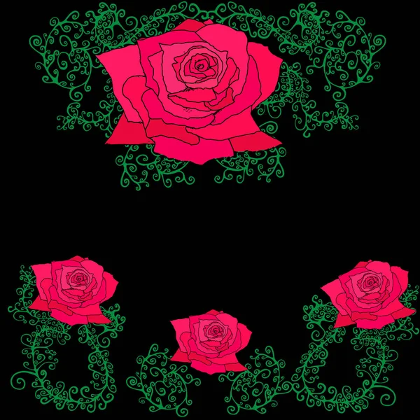 Rosen in Zweigen, Blättern, dekorativem Rahmen. — Stockvektor