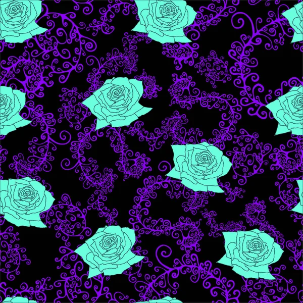 Blå rosor, blad, Violetta grenar, sömlösa mönster. — Stock vektor