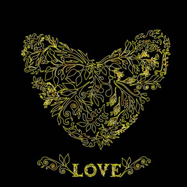Bir çiçek ve bitki örtüsü şeklinde altın kalp. Vektör illustra