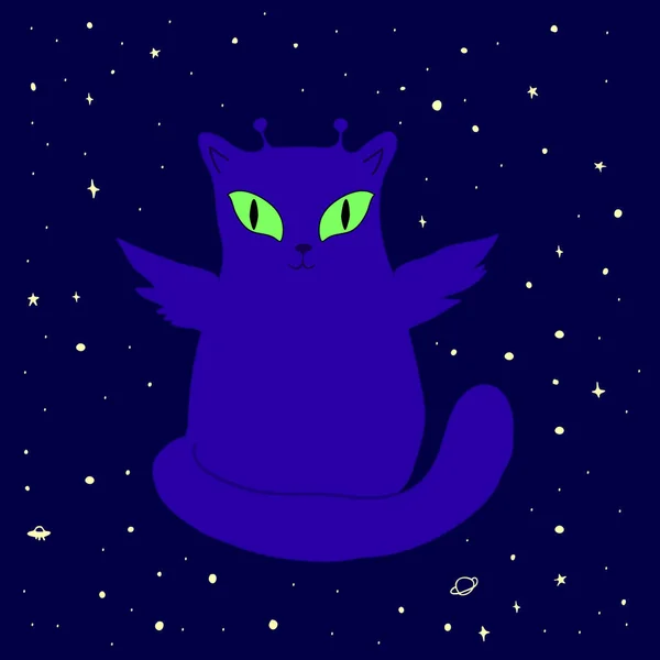 Gracioso gato alienígena espacial con alas, ojos grandes, antena, verde, aislado — Vector de stock