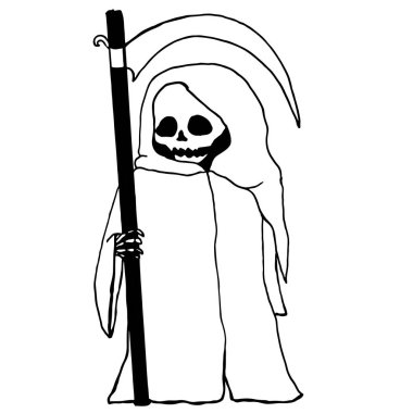 Siyah ve beyaz çizgi film, komik, grim reaper, izole.