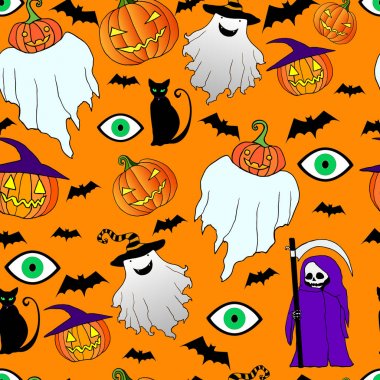 Dikişsiz Cadılar Bayramı desen. Komik, çılgın hayalet, ölüm bir tırpan ile