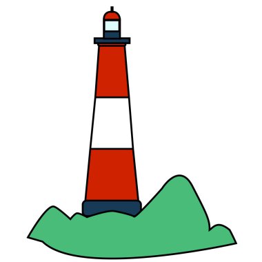 İzole kırmızı beyaz, düz deniz feneri adanın.