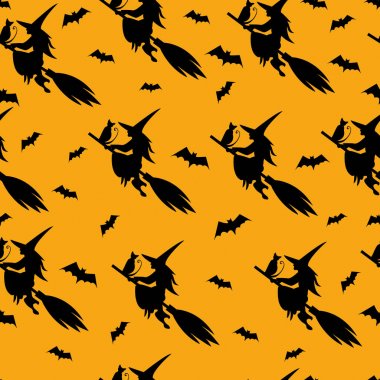 Siluet cadı bir süpürge ve kedi, yarasalar, sorunsuz Cadılar Bayramı pa