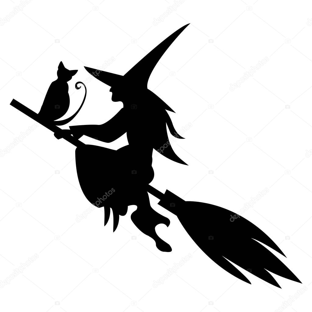 Funny magic silhouette of witch and  cat flying on broom, isolat
