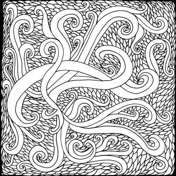 Siyah ve beyaz psychedelic arka plan, dalgalar ve Terazi intertw — Stok Vektör