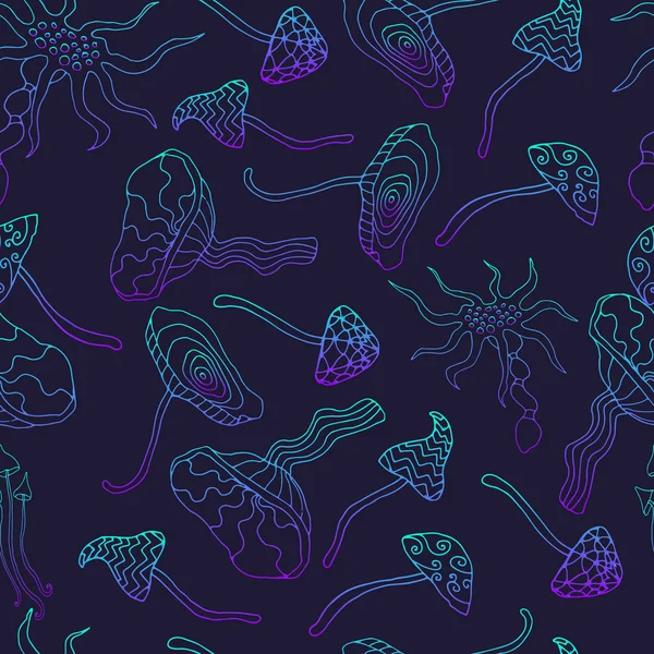Cogumelos alucinogénicos de néon, contorno púrpura azul. Psicadélico — Vetor de Stock