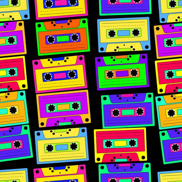 Brillante, colorido, retro patrón sin costuras de cassette, en un ba negro — Vector de stock