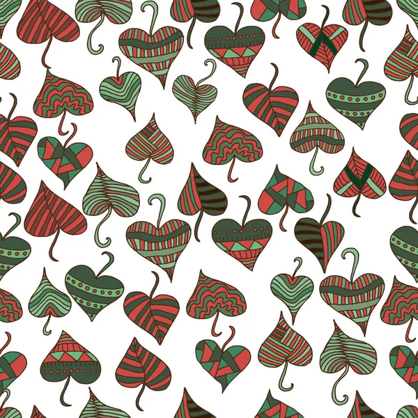 Decorative, pattern leaves, in a red green brown color, on a w — стоковый вектор