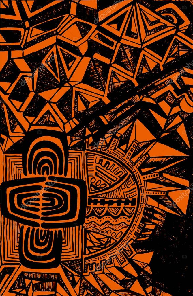 Bright, ethnic pattern, black outline on an orange background, abstract psychedelic background, Boho style. Colorful ornamental card. Vector hand drawn illustration
