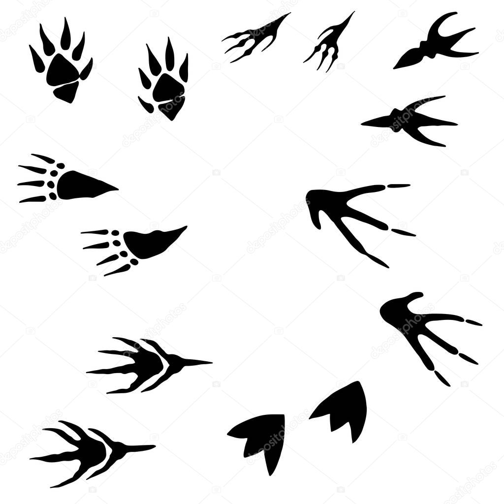 Collection of hand drawing, imprint of paws of monsters, cartoon