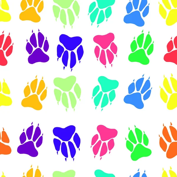 Bright multicolored paw print dog imprint seamless pattern, vect