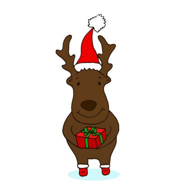 Sevimli küçük yeni yıl Ren geyiği hediye ellerinde, karikatür tarzı ile,