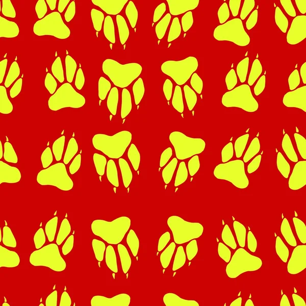 Bright yellow color paw print dog imprint seamless pattern, red