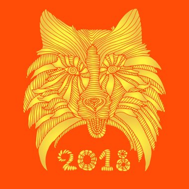 Yeni yıl s 2018 kartı sarı neşeli köpek, altın sarı gradyan