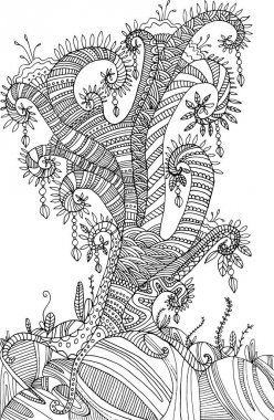 Gerçeküstü manzara ağaç boyama sayfası.