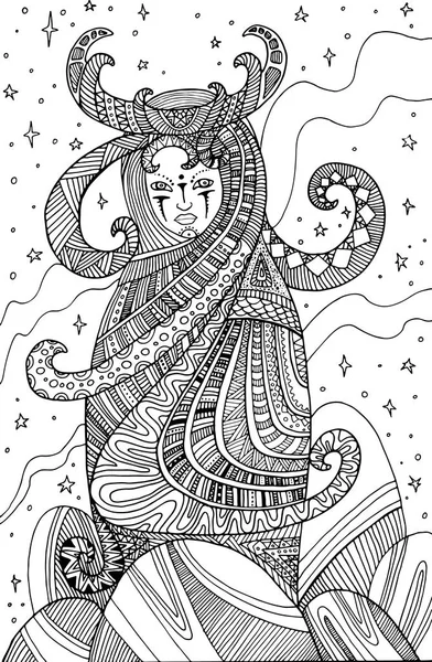 Gerçeküstü kadın şaman, çocuklar ve yetişkinler için sayfa boyama — Stok Vektör