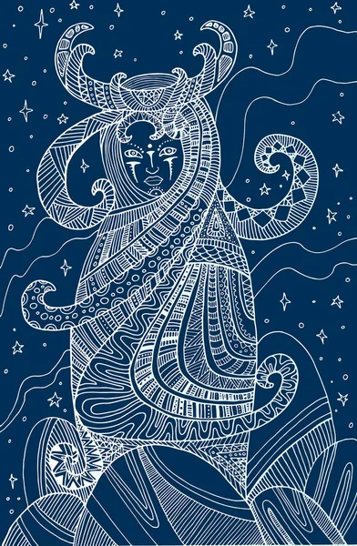 Mistik Kız şaman, üzerinde mavi arka plan izole — Stok Vektör