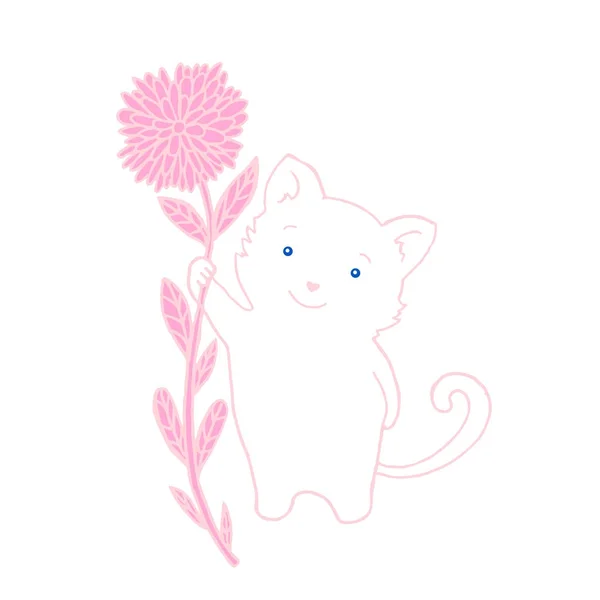 Cute fluffy white kitten with blue eyes holds a big pink flower. — Stock Vector