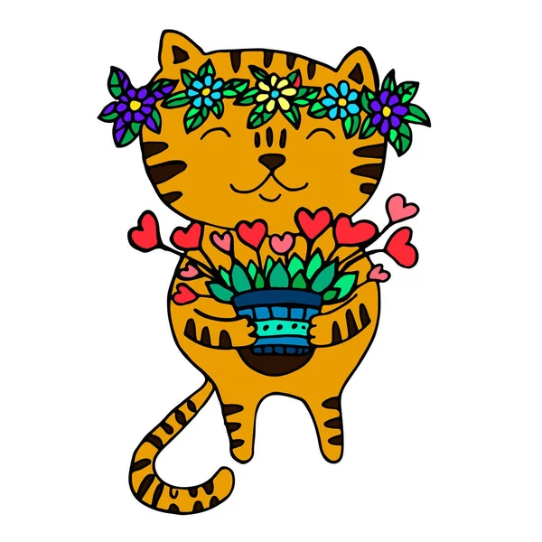 Cute ginger cat with a wreath of flowers on his head — Stock Vector