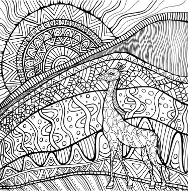 Süs zürafa ve güneş ve Afrika manzara, sayfa boyama