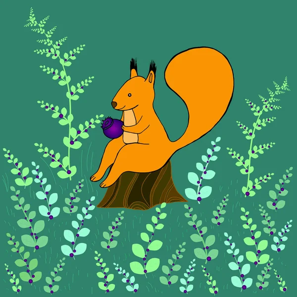 Fantasy squirrel sitting on a stump in the woods — Stock Vector