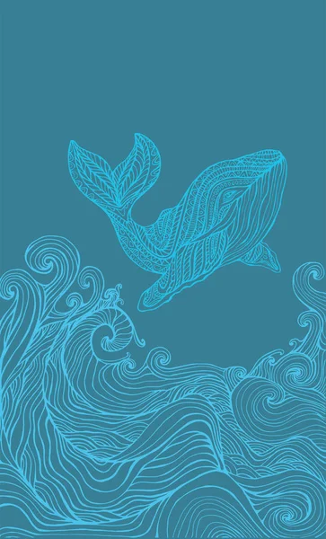 Ballena y olas del océano, página para colorear azul monocromo . — Vector de stock