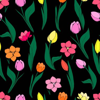 Siyah arka plan üzerine lale ile sorunsuz çiçek desenli.