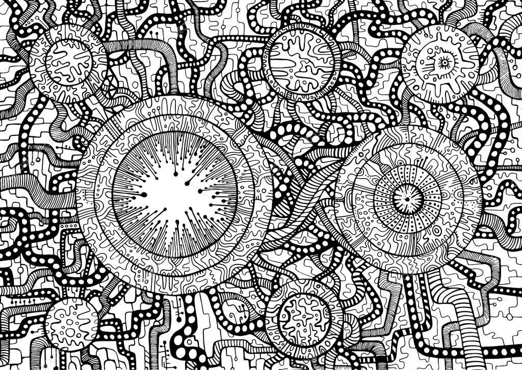 Coloring page fantasy cyberpunk style. Monochrome decorative element. Isolated pattern. Vector hand drawn bohemian background. Black and white ornamental decorative card.