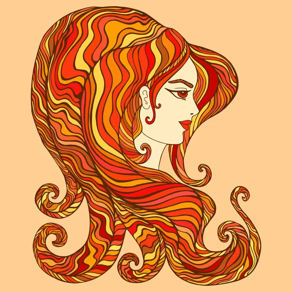 Deusa Fiery, laranja brilhante amarelo cabelo de cor vermelha. Isolado em fundo bege . — Vetor de Stock