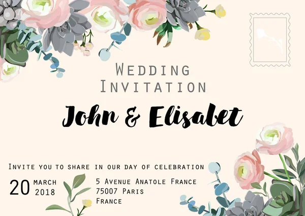 Tarjeta de invitación de boda con flor, ranúnculo, suculenta — Vector de stock