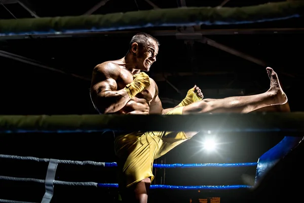 Boxeador tailandés en el ring de boxeo, pateando —  Fotos de Stock