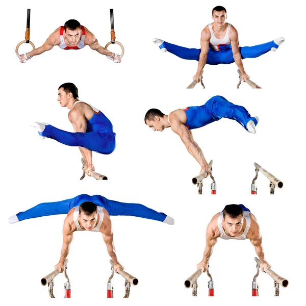 Deportista lleva a cabo ejercicio difícil en la gimnasia artística —  Fotos de Stock