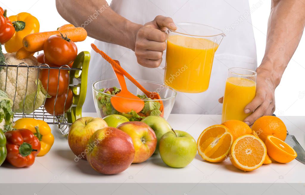 man hand cook cooking cfreshly squeezed juice on kitchen