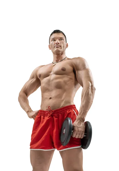 Guy bodybuilder with barbell — Stock Photo, Image