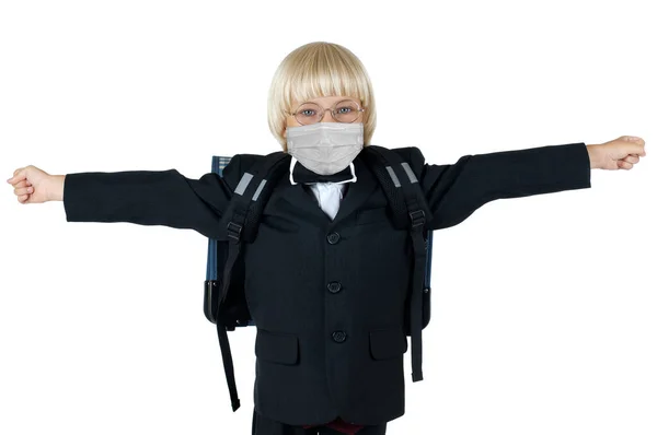 Little Children Schoolboy Protective Medical Mask White Background Isolated — Stock Photo, Image