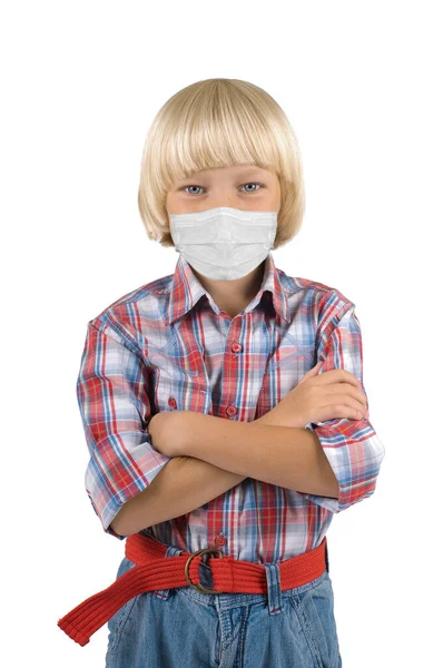 Little Children Schoolboy Protective Medical Mask White Background Isolated — Stock Photo, Image
