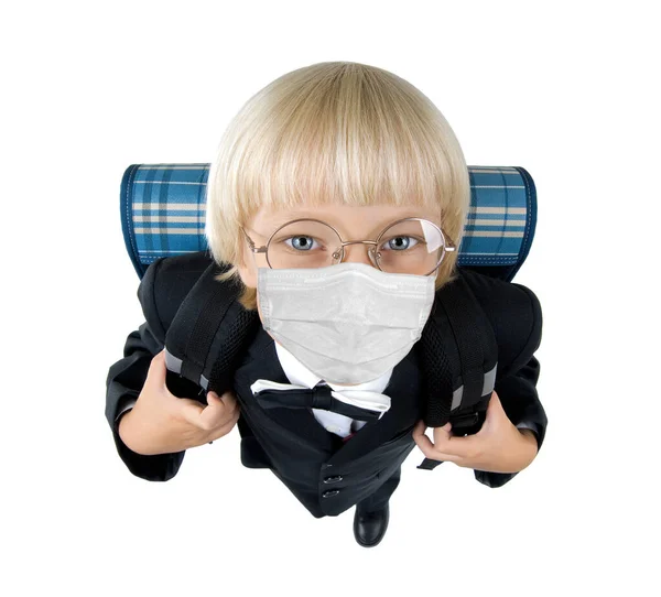 Scolaretto Bambini Maschera Protettiva Medica Sfondo Bianco Isolato — Foto Stock