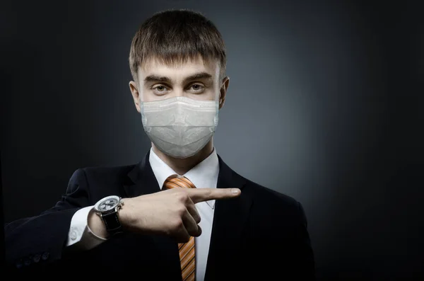 Concept Coronavirus Epidemic Portrait Businessman Medical Mask Black Costume Orange — Stock Photo, Image