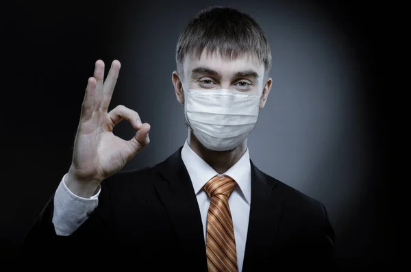 Man Medical Mask Face Give Hand Gesture Concept Coronavirus Covid — Stock Photo, Image